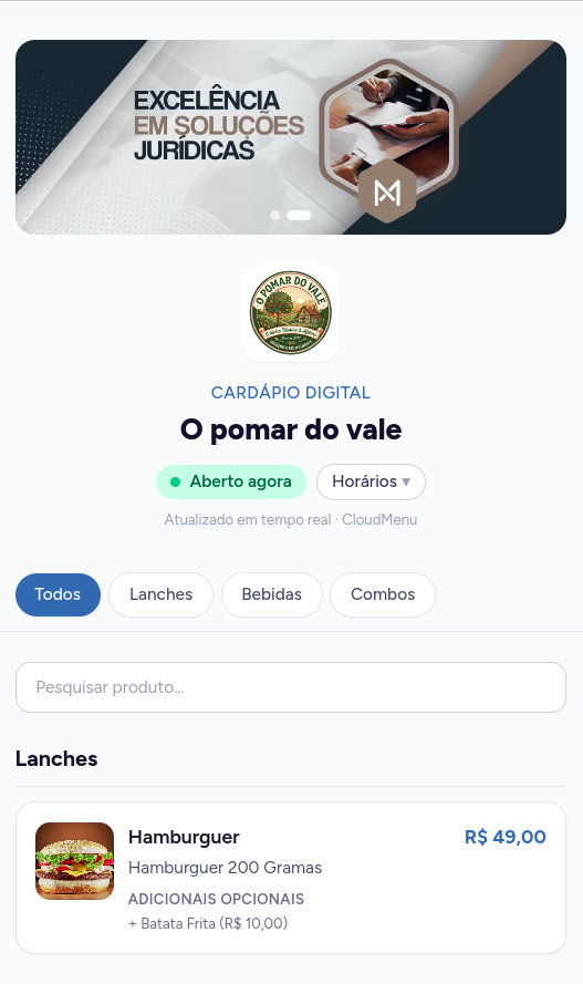 Cardápio com banner de anúncio no topo