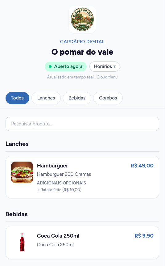 Exemplo de cardápio digital CloudMenu no celular