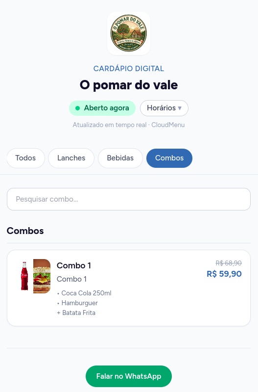 Aba de combos promocionais no cardápio público