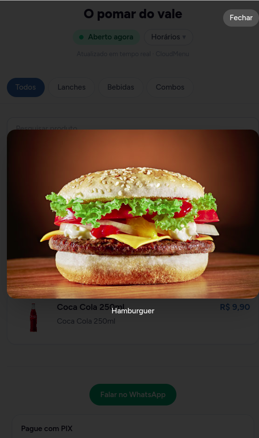 Visualização ampliada da foto de um produto no cardápio
