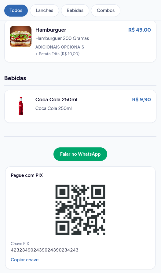 Botão WhatsApp e pagamento via PIX no cardápio